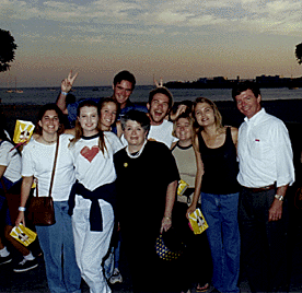[Photo of Chancellor Greenwood, EVC Tanner, and a group of
students at the Boardwalk]