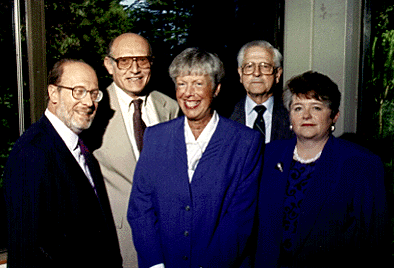 [Photo of Peter Kenez, Murray Baumgarten, Anne Neufeld Levin, Chancellor Greenwood, and former chancellor Pister]