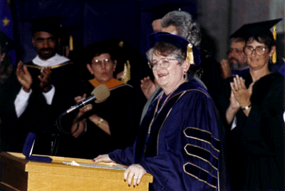 [Photo of Chancellor
Greenwood during Friday's inauguration ceremonies in the
East Field House.]