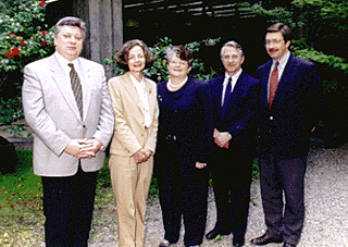 [Photo of Russian delegation with Chancellor Greenwood and Sheila Gottehrer]