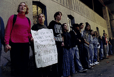 [Picture of a line of students at Hahn Student Services Building protest]