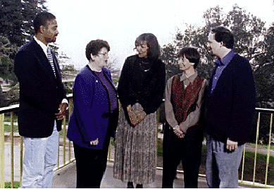 Photo of Ricky Bluthenthal, Chancellor Greenwood, Brenda Brown, Carol Freeman, and Geoffrey Marcy