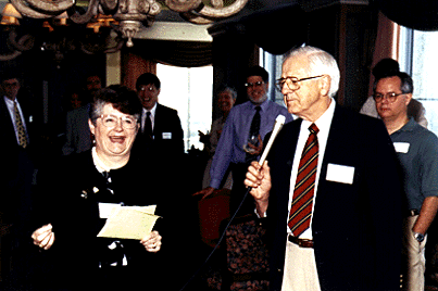 [Photo of Chancellor Greenwood and former chancellor Karl Pister]