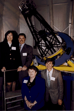 [Picture of KAIT telescope with Sylvia and Jim Katzman, Chancellor Greenwood, and UC Berkeley professor Alex Filippenko]