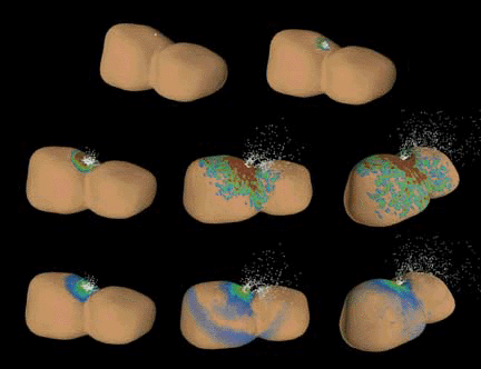 [Still shots of asteroid impact simulation]