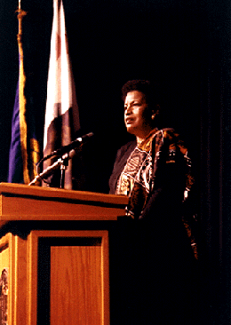 [Photo of Myrlie Evers-Williams at the convocation]