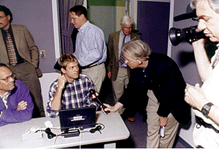 [Photo of Karl Sonkin of Channel 4 interviewing XX]