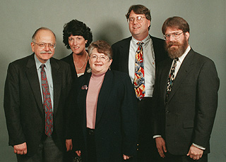 [Photo of Peter Euben, Pam Lawson, Brent Constantz, Chancellor Greenwood, and Stephen Klein]