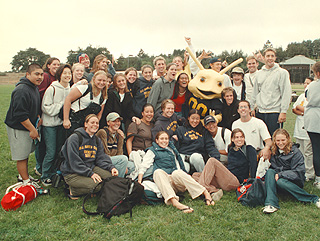 [Photo of Sammy, UCSC's new mascot, with UCSC students]