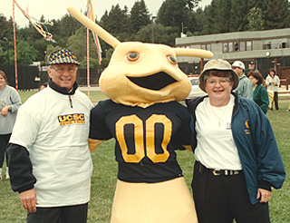 [Photo of Sammy, UCSC's new mascot, with Chancellor
Greenwood and EVC John Simpson]